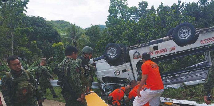 Eleven members of the 604th Company of the Philippine National Police Regional Mobile Force Battalion-6 (Western Visayas) sustained minor injuries after their patrol car turned turtle while traversing the national road in Barangay Caningay, Candoni, Negros Occidental on Monday, Nov. 28. The cops were already released from the hospital and returned to duty on Tuesday, Nov. 29. CANDONI MPS PHOTO