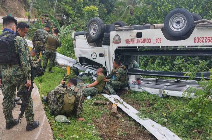 Seven policemen were injured after their patrol car’s brakes malfunctioned, causing it to turn turtle along the national highway in Barangay Caningay, Candoni, Negros Occidental on Monday morning, Nov. 28. CANDONI MPS PHOTO