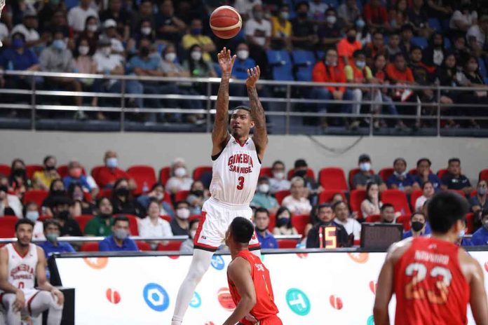 Barangay Ginebra San Miguel Kings’ Jamie Malonzo attempts a three-pointer as NorthPort Batang Pier’s Shej Roi Sumang looks on. PBA PHOTO