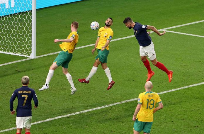 France’s Olivier Giroud scores their fourth goal during their World Cup match against Australia. MOLLY DARLINGTON/REUTERS