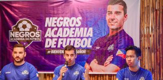 Philippine Azkals naturalized player and former Ceres-Negros FC star Bienvenido Marañon speaks during the launching of the Negros Football Academy. PHOTO COURTESY OF NEGROS - ACADEMIA DE FUTBOL FACEBOOK PAGE