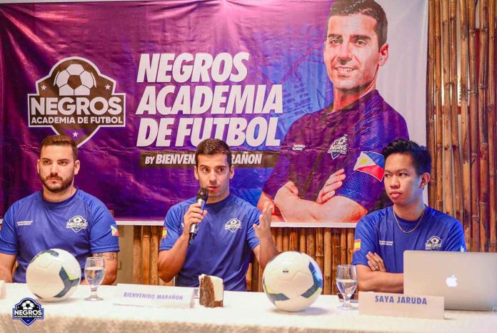 Philippine Azkals naturalized player and former Ceres-Negros FC star Bienvenido Marañon speaks during the launching of the Negros Football Academy. PHOTO COURTESY OF NEGROS - ACADEMIA DE FUTBOL FACEBOOK PAGE