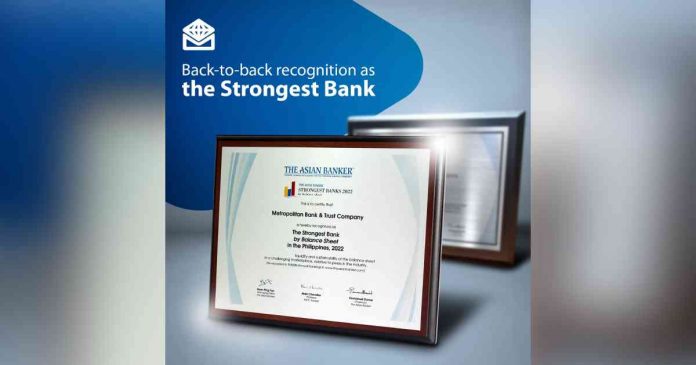 Metrobank named by the Asian Banker as the 2022 the Strongest Bank in the Philippines for the second straight year.