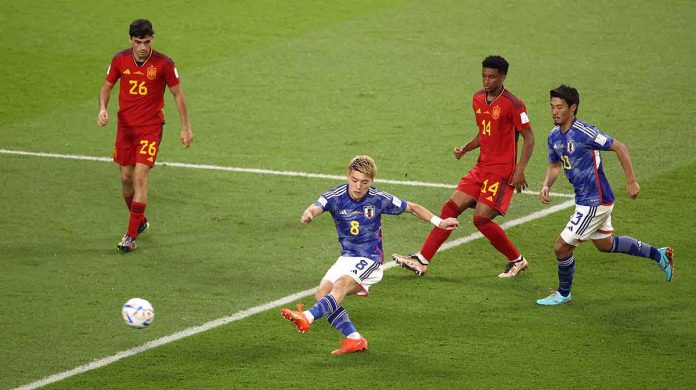 Japan’s Ritsu Doan scores his team’s first goal against Spain. GETTY IMAGES