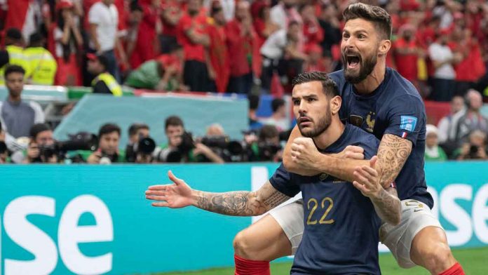 Theo Hernández celebrates with Olivier Giroud after scoring for France against Morocco during the 2022 World Cup semifinal. GETTY IMAGES