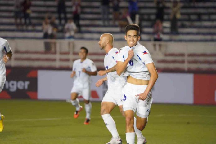 Philippine Azkals’ Sandro Reyes celebrates after scoring his first goal against Brunei Darussalam. PFF PHOTO