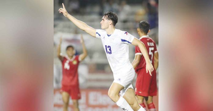 Sebastian Rasmussen of the Philippine Azkals gestures after scoring a goal against Indonesia. PFF PHOTO