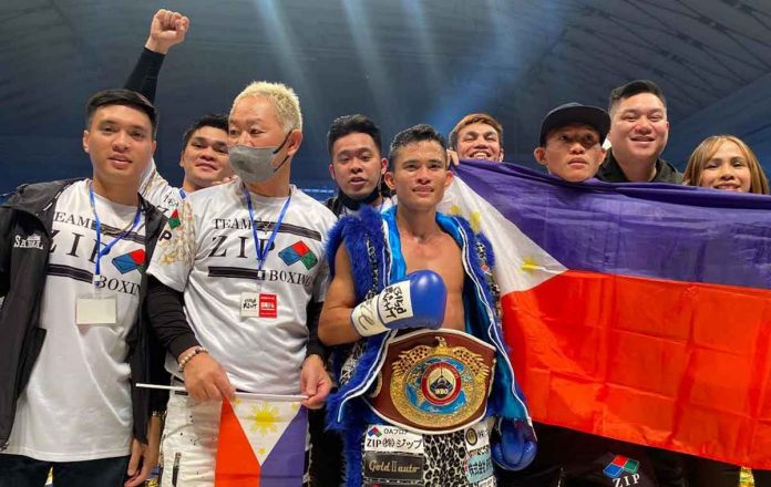 Filipino boxer Melvin Jerusalem was all smiles after capturing the WBO world minimumweight belt with a second round stoppage win over Japanese Masataka Taniguchi. SANMAN PROMOTIONS PHOTO