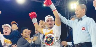 Filipino boxer Milan Melindo’s hands were raised after his unanimous decision win over Thai boxer Chaiwat Buatkrathok for the vacant OPBF silver featherweight belt. PHOTO COURTESY OF BABY DYNAMITE SPORTS