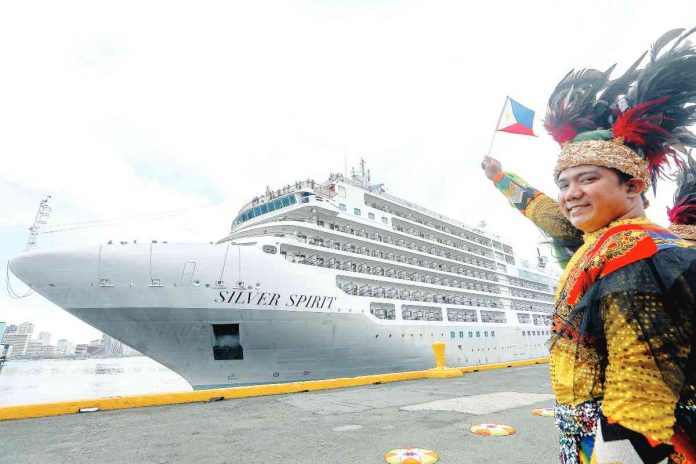 Silver Spirit cruise ship carrying 317 passengers was welcomed by Tourism and city government officials, along with performers of native Philippine music and dance at the Manila South Harbor on Wednesday, Feb. 15, 2023. PNA PHOTO BY YANCY LIM