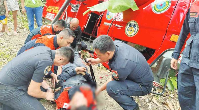 A fire truck turned turtle in San Jose de Buenavista, Antique, due to malfunctioning brakes, injuring one fireman. BFP RSIX SANJOSE FIRESTATION FACEBOOK