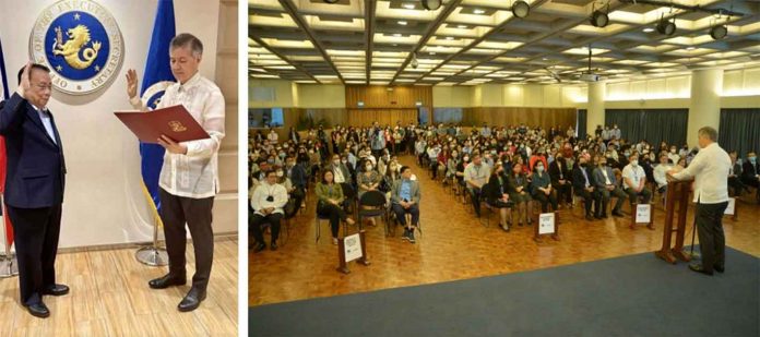 (Left photo) Executive Secretary Lucas Bersamin (left) swears in Development Bank of the Philippines (DBP) president and chief executive officer (CEO) Michael O. de Jesus during rites held on Jan. 11, 2023 at the Office of the Press Secretary in Malacañan Palace, Manila. (Right photo) DBP president and CEO Michael O. de Jesus address DBP officers and staff for the first time during the Monday flag-raising ceremony held at the DBP head office in Makati City.