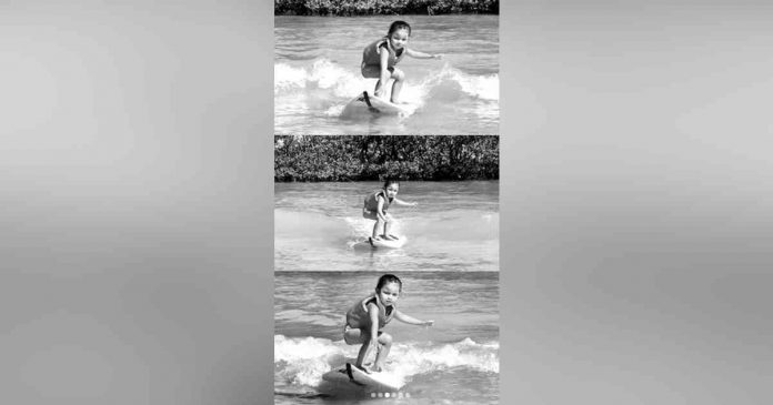 Andi Eigenmann and champion surfer Philmar Alipayo’s three-year-old daughter Lilo is now learning how to surf.