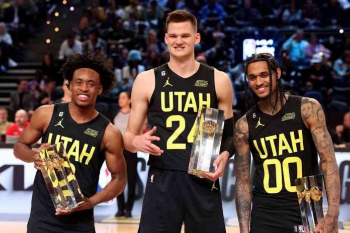 Utah Jazz’s Collin Sexton, Walker Kessler and Filipino-American guard Jordan Clarkson display their trophies after ruling the Skills Challenge competition of the 2023 NBA All-Star Weekend. GETTY IMAGES