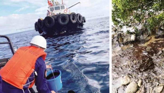 (Left) The Philippine Coast Guard conducts assessment of the oil spill and collects oil from the waters of Naujan, Oriental, Mindoro. The oil spill was caused by the sunken MT Princess Empress/PHILIPPINE COAST GUARD PHOTO. (Right) Oil spill stranding was observed in the shoreline of Sitio Sabang, Barangay Tinogboc, Caluya, Antique on Friday, March 3. It has affected mangroves in the area/NOR’Z MORANTE PHOTO.