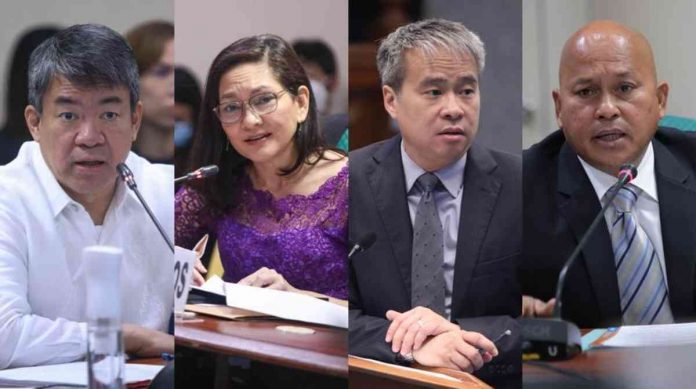 Senators (from left) Aquilino Pimentel III, Risa Hontiveros, Joel Villanueva, and Ronald dela Rosa air views on scrapping the mandatory ROTC bid on Friday, March 3, 2023, in view of the hazing death of Adamson University student John Matthew Salilig. PHOTOS: SENATE PRIB