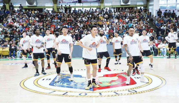 Members of Team Scottie perform a dance number prior to the start of their game against Team Japeth in the 2023 PBA All-Star Weekend at the City of Passi Arena in Passi City, Iloilo. PBA PHOTO