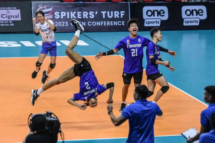 Members of D’Navigators-Iloilo celebrate following their upset win over AMC-Cotabato Spikers. PHOTO COURTESY OF SPIKERS’ TURF