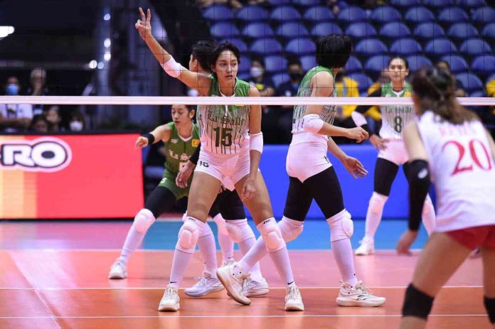 Ilongga Amie Provido had her best game for De La Salle University Lady Spikers against the University of the East Lady Warriors with six points. UAAP PHOTO