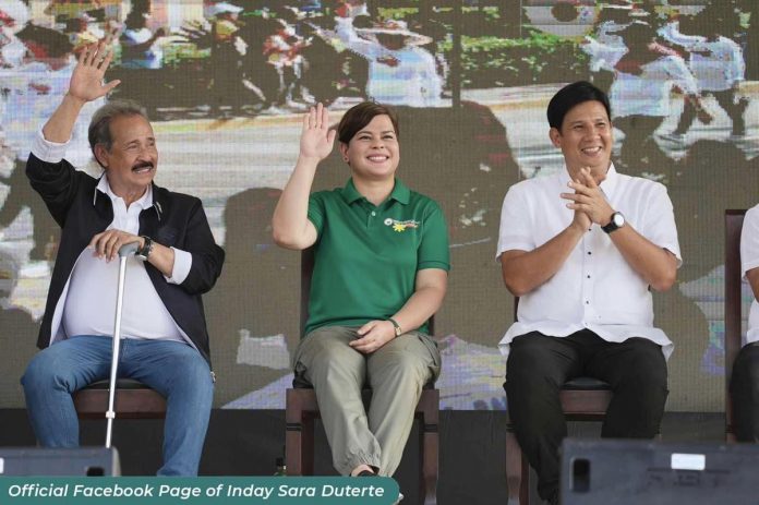 Vice President Sara Duterte-Carpio (center) with Gov. Fredenil Castro (left) and Roxas City mayor Ronnie Dadivas during the Capiztahan’s Maragtas sang Capisnon Cultural Show on Saturday, April 15. INDAY SARA DUTERTE FACEBOOK