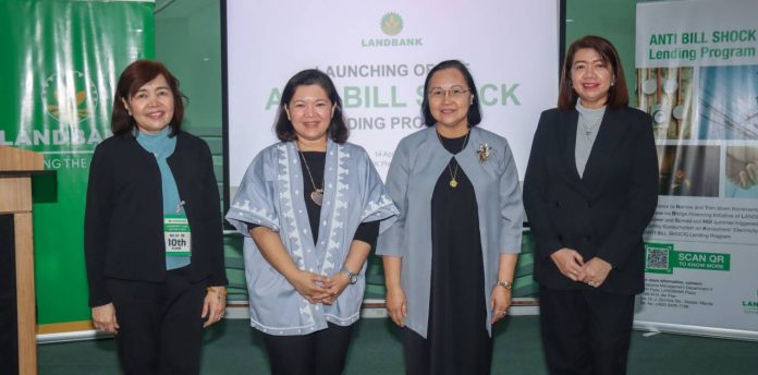 LANDBANK President and CEO Cecilia Cayosa Borromeo (2nd from right) leads the launching of the new LANDBANK ANTI BILL SHOCK Lending Program, designed to provide financing to electric distribution companies while cushioning households from paying higher electricity bills. She is joined by Energy Regulatory Commission (ERC) Chairperson Atty. Monalisa C. Dimalanta (3rd from right), National Electrification Administration (NEA) Deputy Administrator Leila B. Bonifacio (leftmost), and LANDBANK Senior Vice President Ma. Celeste A. Burgos (rightmost).