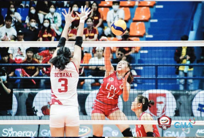 Bacolodnon Joan Doguna of Lyceum Lady Pirates attempts a shot against a University of Perpetual Help Lady Altas defender. PHOTO BY NCAA/GMA SPORTS