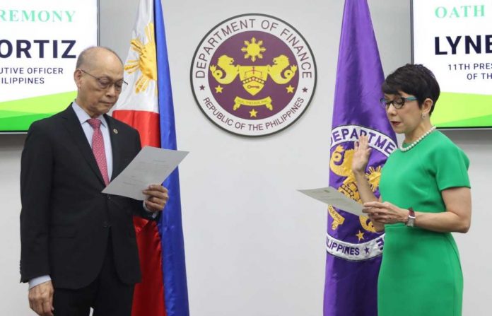 Lynette V. Ortiz (right) takes her oath as the 11th President and CEO of LANDBANK before Finance Secretary and LANDBANK Chairman Benjamin E. Diokno (left) on 24 May 2023 at the DOF Building in Manila.