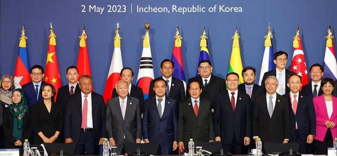 Finance ministers and central bankers from the 10-member Association of Southeast Asian Nations and their three Northeast Asian dialogue partners, South Korea, China and Japan, pose for a group photo during their meeting in Incheon, South Korea on May 2, 2023, on the sidelines of this year's annual congress of the Asian Development Bank. EPA-EFE/YONHAP PHOTO