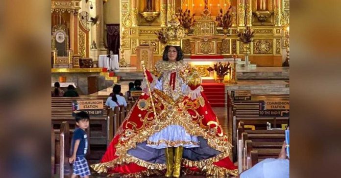 Joy Dacoron, a Cebu province candidate for the Binibining Pilipinas 2023, poses for a photo while wearing her national costume similar to that of the Holy Child Jesus inside the Cebu Metropolitan Cathedral. JOY DACORON INSTAGRAM PHOTO