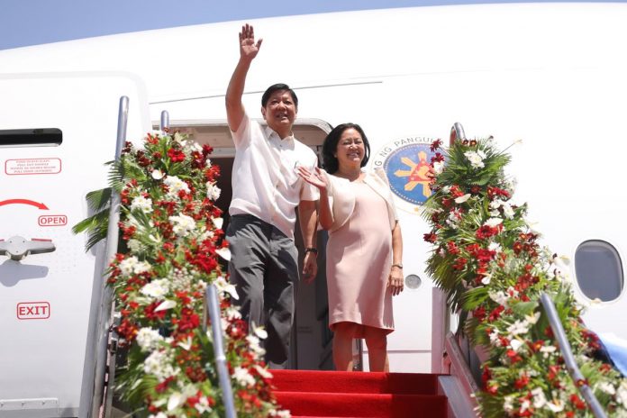 OFFICIAL BUSINESS. President Ferdinand R. Marcos Jr. and First Lady Liza Araneta-Marcos depart from Villamor Air Base in Pasay City on Sunday (April 30, 2023). The President will be in the United States until May 4 along with his economic team and business leaders, with a bilateral meeting with President Joe Biden in Washington, D.C. on May 1 included in his itinerary. PNA