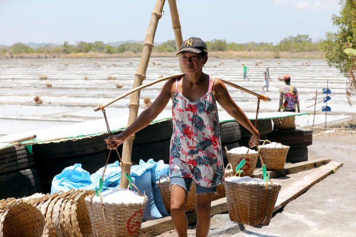 A worker walks away with two baskets of salt from a farm in Barangay Banog Norte, Bani, Pangasinan. The province is one of the country’s top producers of salt. PNA PHOTO BY JOEY O. RAZON