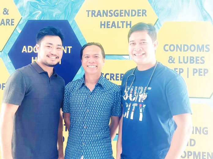 (L-R) PrEP counselor and HIV case manager Patrick Ivan ‘Shin’ Sa-ato; writer, HIV testing advocate, and now PrEP promoter Peter Solis Nery; and Dr. Jimmy Doromal, Jr., PrEP doctor for Panay, at the FPOP Iloilo Office