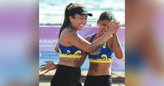 Bianca Lizares and Honey Grace Cordero celebrate after the Bacolod pair made it to the Beach Volleyball Republic on Tour Candon City leg finals. BVR Photo