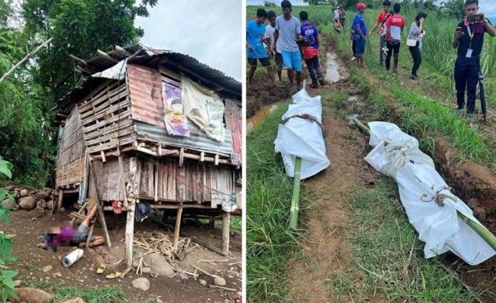 Policemen and disaster response personnel retrieve the remains of the Fausto couple and their children in the far-flung Sitio Kangkiling, Barangay Buenavista, Himamaylan City, Negros Occidental. The four were shot to death by unidentified assailants late Wednesday night, June 14. HIMAMAYLAN CITY POLICE STATION PHOTO