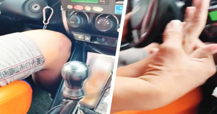 Screengrabs from the video taken by victim “Ken” shows the taxi driver’s cellphone playing pornographic video (left) and the driver grabbing Ken’s hand allegedly forcing him to touch the former’s private parts (right). Screengrab from video posted by Bombo Radyo Iloilo.