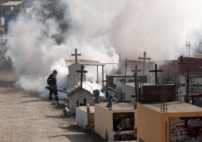 Huge vapour cloud as a worker sprays graves at a cemetery in Lima to protect against the spread of dengue fever. REUTERS