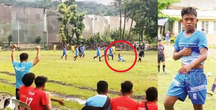 Players of Western Visayas’ elementary boys football team celebrate after Drystan Alexandrae Delgado-Torres (kneeling) scores a goal against Central Visayas at the Pre-Palarong Pambansa Qualifying Meet in Cebu. The region’s players are from the Barotac Nuevo Central Elementary School. PHOTO COURTESY OF DARLENE DELGADO