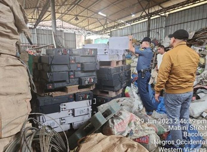 At a junk shop in Bacolod City, the police recovered 15 “stolen” telecommunications batteries worth P15.1 million on Thursday, June 29. PNP PHOTO