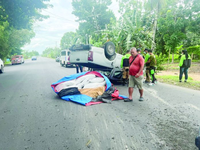 A pickup driver slightly dozed off, causing his vehicle to flip over and spill 20 sacks of animal feed in Zarraga, Iloilo. ZARRAGA NEWS LIVE STATION PHOTO