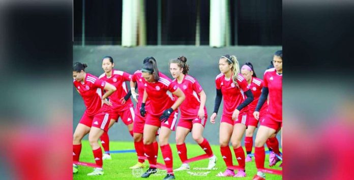 Members of the Philippines women’s football team train ahead of their match against New Zealand today. PWFT PHOTO