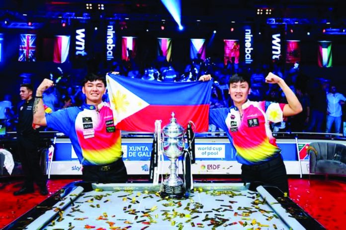 Bacolodnon Johann Chua and James Aranas win the 2023 World Cup of Pool championship. PHOTO COURTESY OF MATCHROOM POOL