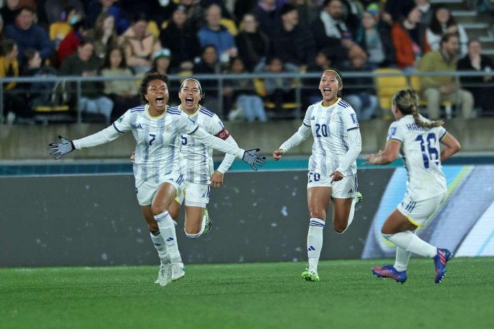 In this photo from the Philippine Women’s National Football Team Facebook page, Sarina Bolden celebrates after scoring the marginal goal in Filipinas’ win over New Zealand in the 2023 FIFA Women’s World Cup on Tuesday.