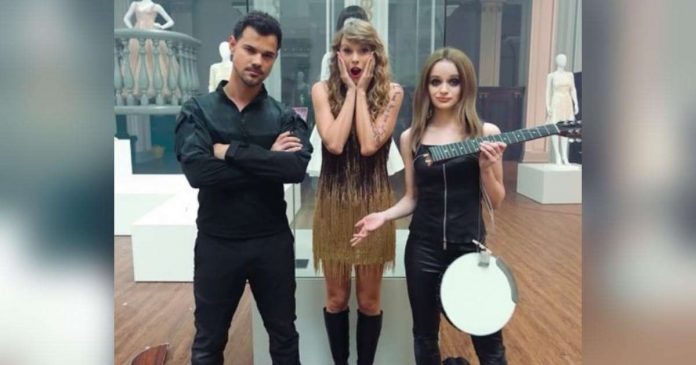Taylor Swift’s (center) music video for her just-released song “I Can See You” also stars Taylor Lautner (left) and Joey King (right). TAYLOR SWIFT IG PHOTO