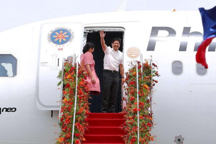 President Ferdinand R. Marcos Jr. waves to the crowd before he left for a three-day state visit to Malaysia with First Lady Louise Araneta-Marcos at Villamor Air Base in Pasay City on July 25, 2023. President Marcos had an audience with Malaysian King Sultan Abdullah Sultan Ahmad Shah and met with Malaysian Prime Minister Anwar Ibrahim. PNA