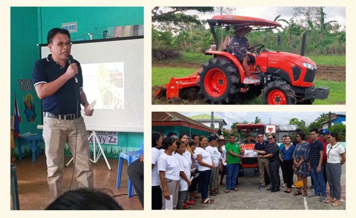 Engr. Eleazer Salvador T. Moscoso, Department of Science and Technology (DOST) Antique Provincial Science and Technology director, and Dr. Pablo S. Crespo, Jr., University of Antique president, officially turn over one unit four-wheeled tractor to Alangan United Farmers’ Association in Sibalom, Antique.