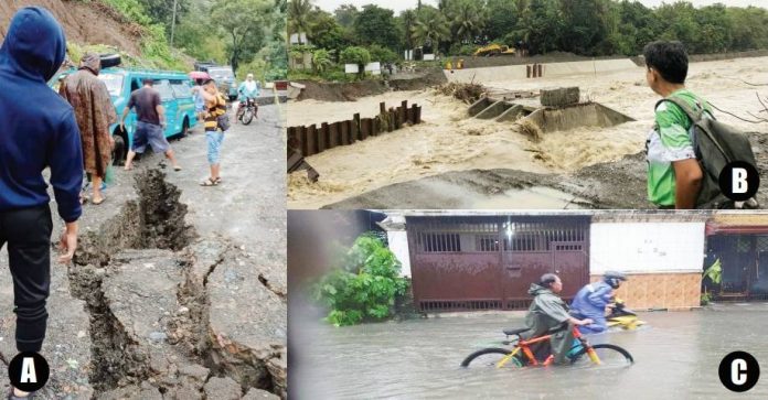 DAMP DISRUPTIONS. Incessant monsoon rains since Monday night has brought so much inconvenience to parts of Western Visayas. (A) A softened road in Barangay Igbucagay, Hamtic, Antique cracked and endangered travellers. (B) In Iloilo province, an overflow bridge in Barangay Lubacan, Guimbal town became impassable. (C) In Iloilo City, some streets got flooded such as in Barangay Bolilao, Mandurriao district. PHOTO BY NADINE BERTOLANO (A), GUIMBAL MDRRMO (B), CONTRIBUTED PHOTO (C).