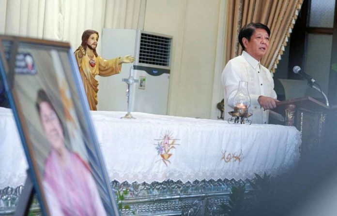 President Ferdinand Romualdez Marcos Jr. teary-eyed during his eulogy for the late Migrant Workers Secretary Susan “Toots” Ople. PRESIDENTIAL COMMUNICATIONS OFFICE PHOTO