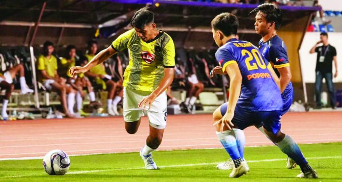 Marwin Angeles (8) completes a hat trick in Kaya Futbol Club-Iloilo’s 11-0 win over Don Bosco Garelli United. PHOTO COURTESY OF KAYA-ILOILO