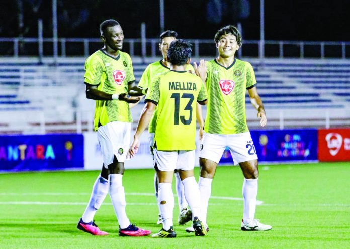 Members of Kaya Futbol Club-Iloilo celebrate after another lopsided win against Philippine Air Force. PHOTO COURTESY OF KAYA-ILOILO