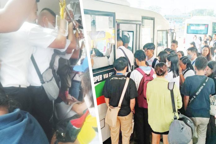 (Left photo) This photo shows an overloaded modernized jeepney in Iloilo City. This was posted on Facebook by Dyna Jean Gumape Samillano. (Right photo) Passengers line up to board a modernized jeepney in front of a mall in Barangay Ungka II, Pavia, Iloilo on Monday, Sept. 25. AJ PALCULLO/PN